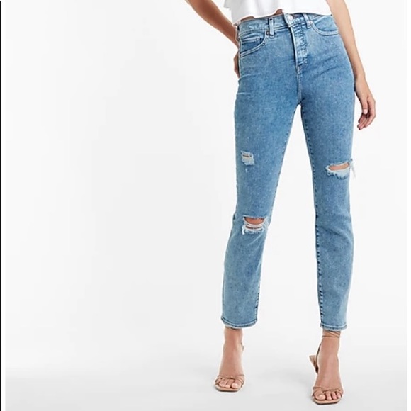 Express Denim - Express High Waisted Medium Wash Ripped Slim Jeans